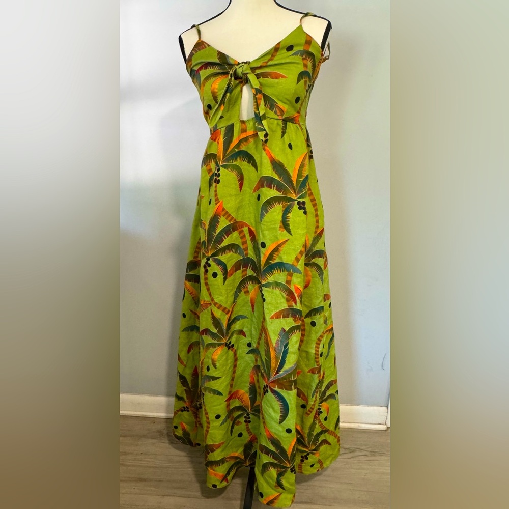 Farm Rio Anthropologie Green Palm Maxi Sun Dress XSP fits like Small 100% linen